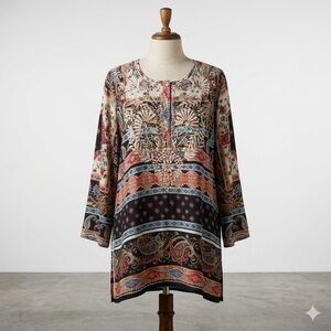 KAREN SEO Silk Embroidered Tunic, Size Large.